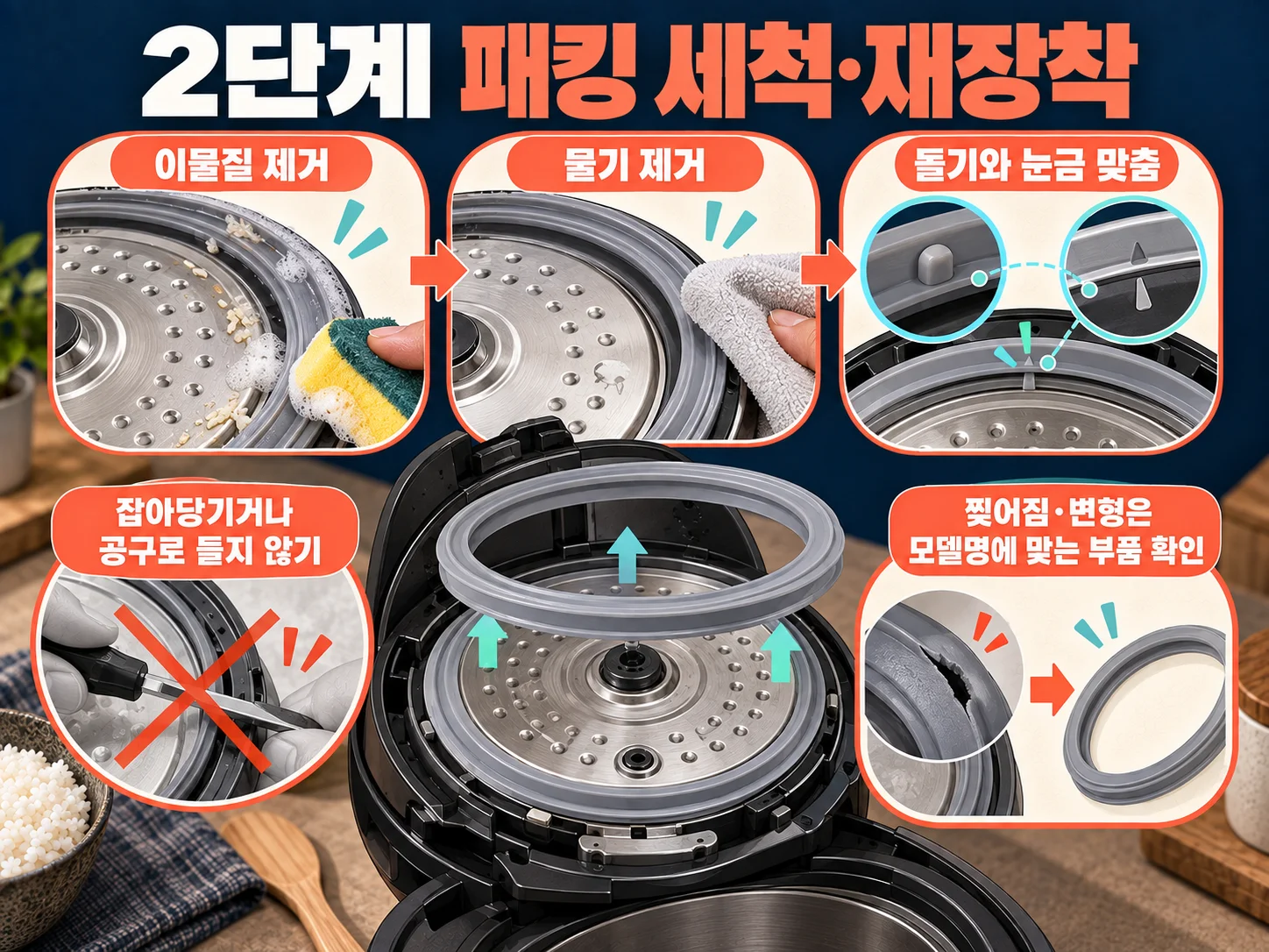 전기압력밥솥 패킹 세척과 올바른 재장착 확인