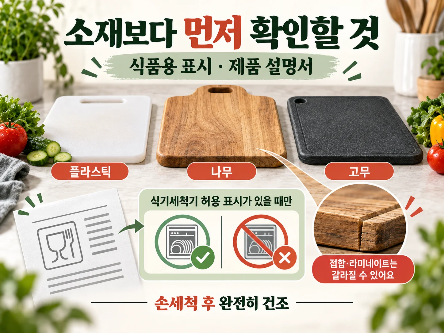 플라스틱·나무·고무 도마의 소재별 세척·건조 관리 확인
