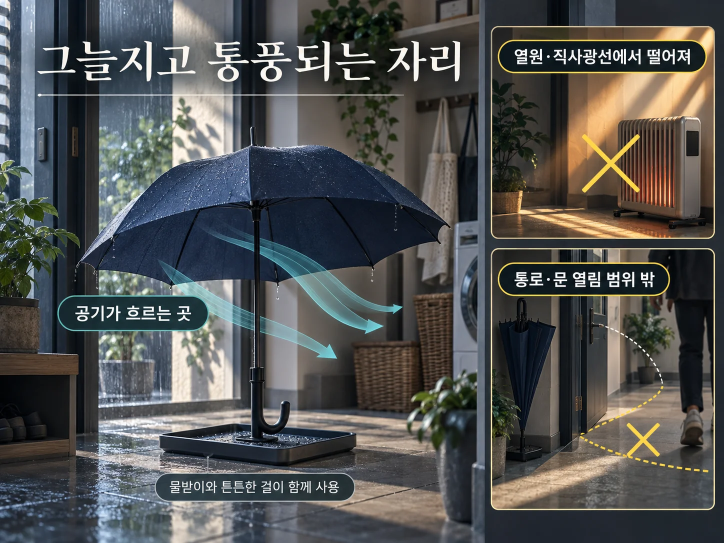 그늘지고 통풍되는 곳에서 열원을 피해 우산 말리는 위치