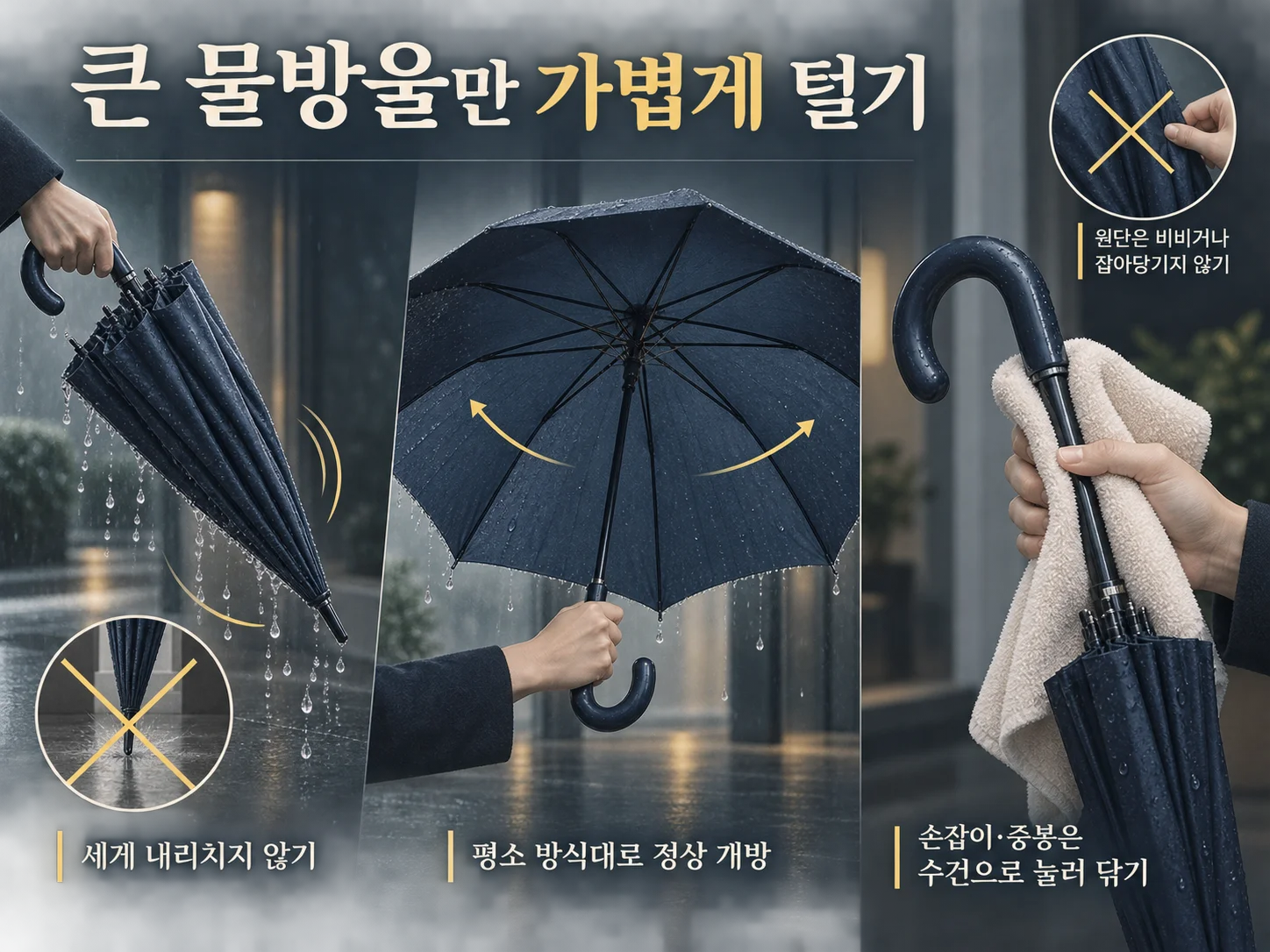 물기를 가볍게 턴 뒤 정상 개방한 젖은 우산 건조 순서