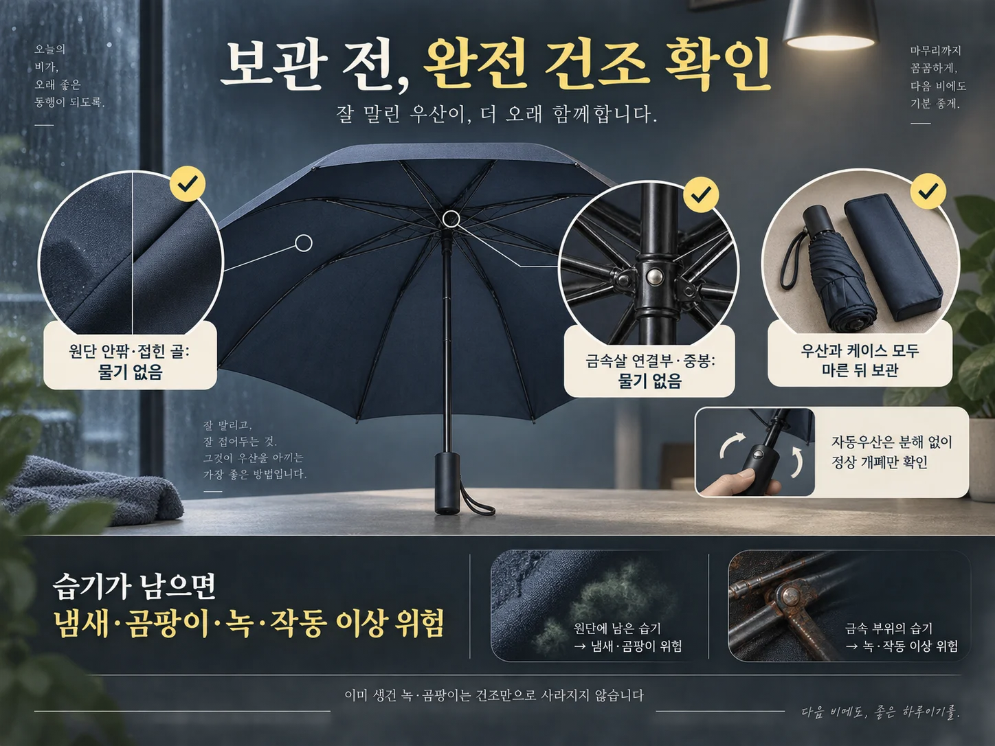 완전 건조 후 보관을 위한 우산 물기와 금속살 점검 항목