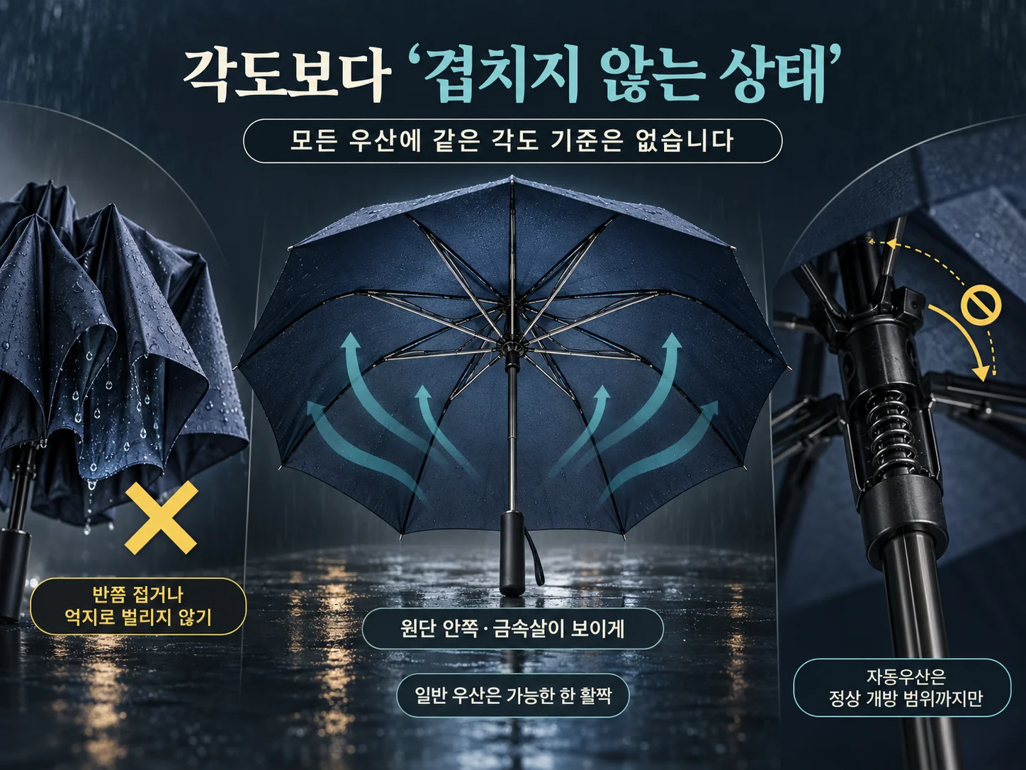 원단과 금속살이 겹치지 않게 펼친 우산 말리기