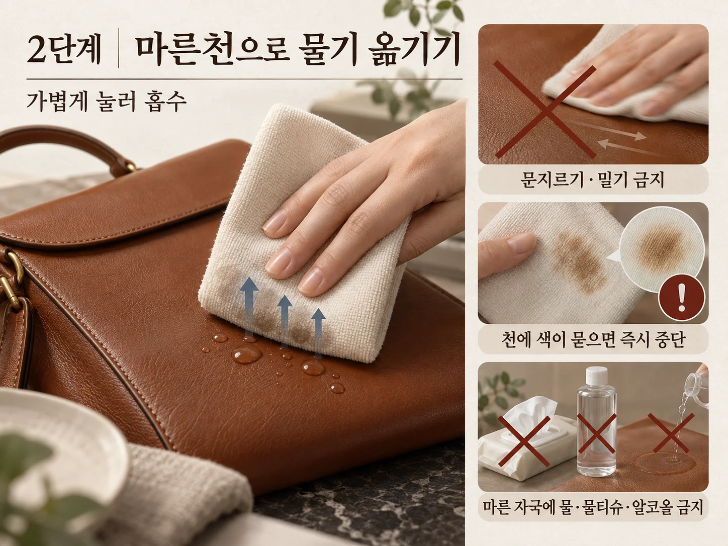 마른천으로 가죽가방 표면 물기를 눌러 옮기는 방법