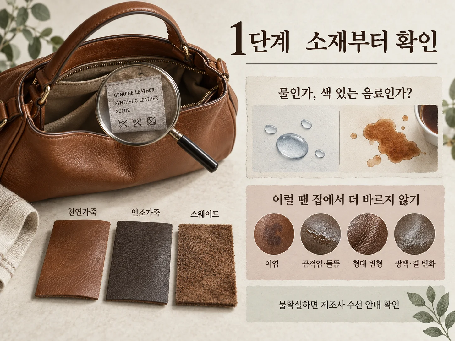 가죽가방 물자국 전 소재와 관리 표시를 확인하는 단계