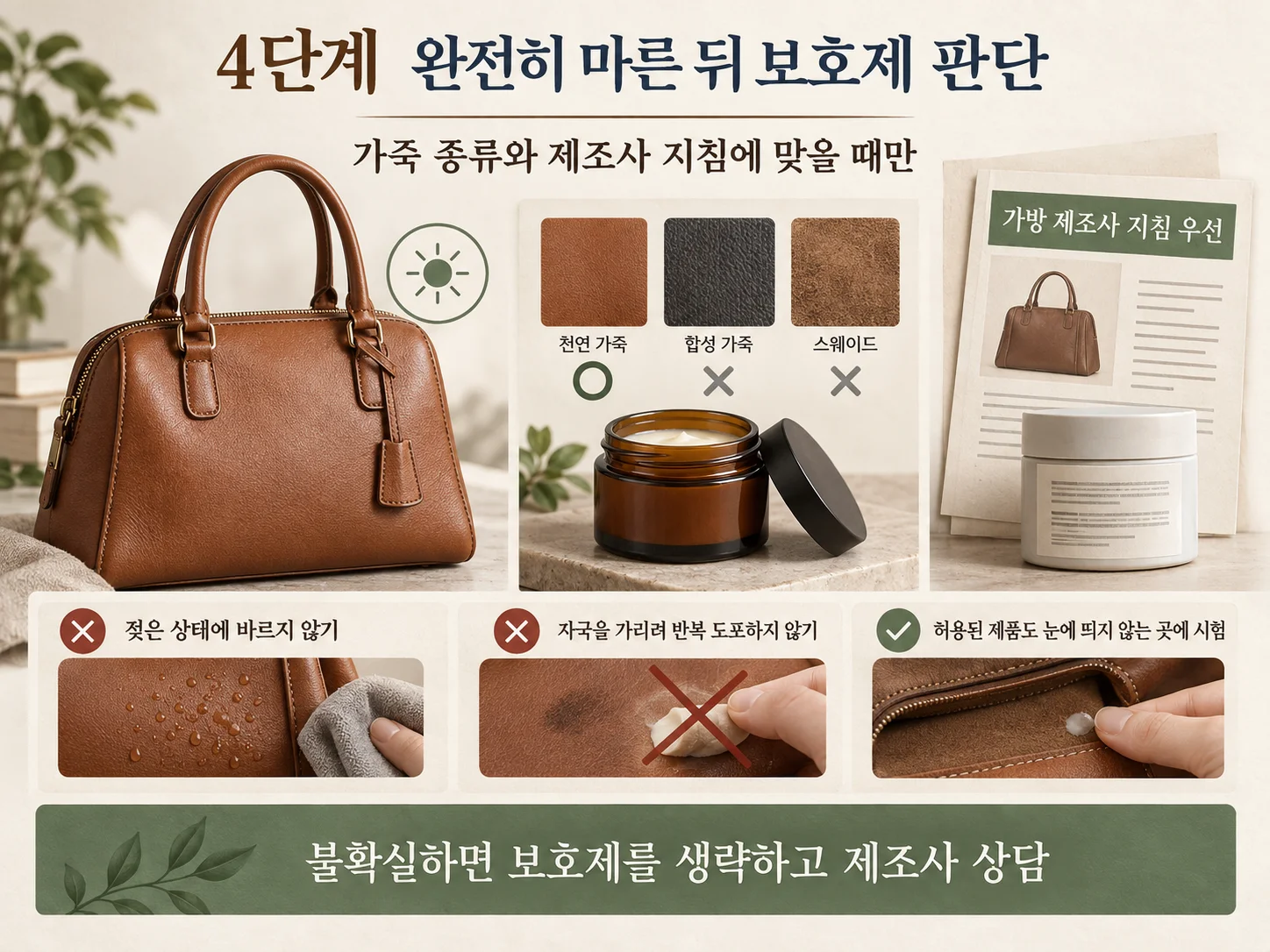 완전히 마른 가죽가방에 전용 보호제 사용 여부를 판단하는 기준