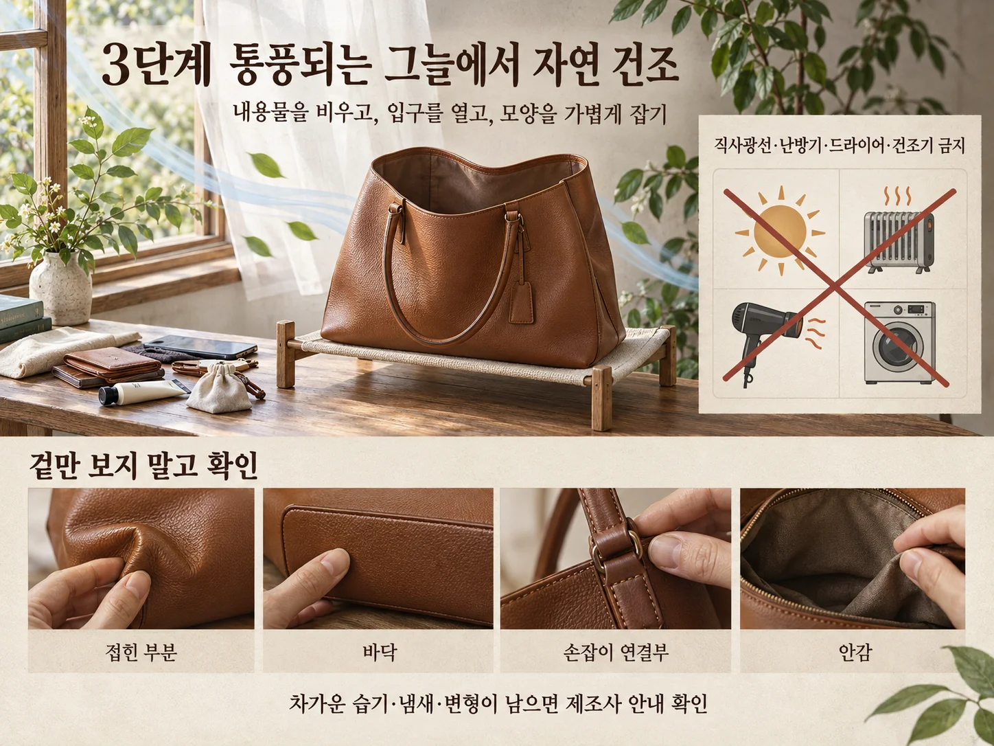 가죽가방 물자국을 그늘과 통풍 환경에서 자연 건조하는 방법