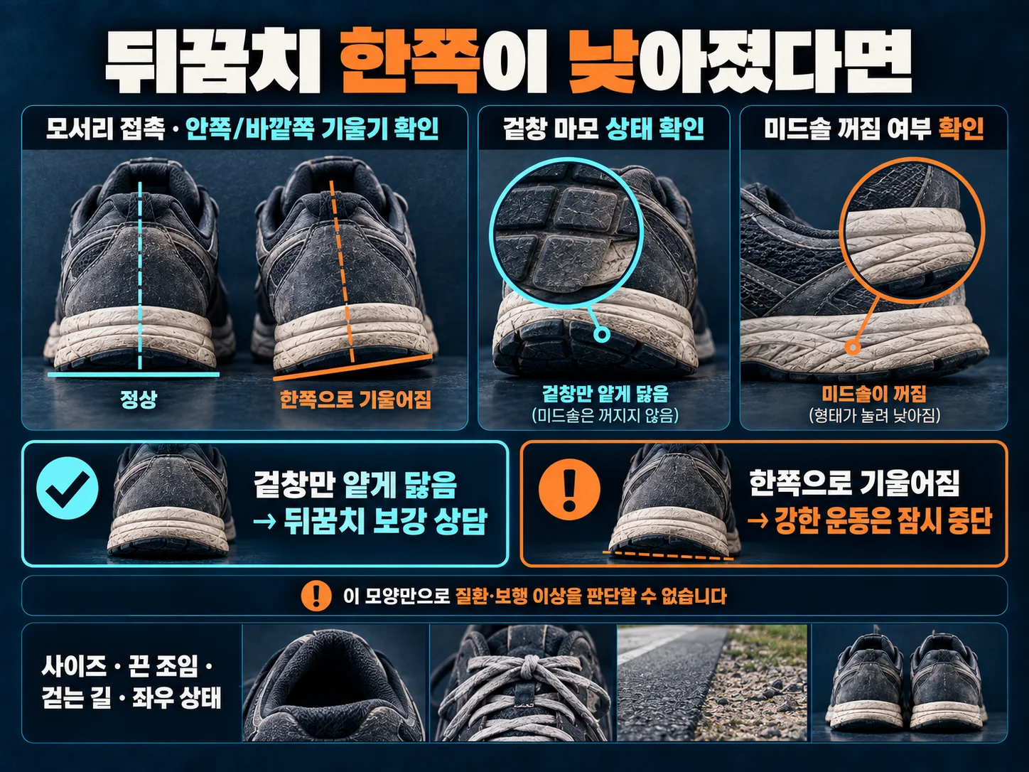 운동화 뒤꿈치 밑창 마모와 기울어진 상태를 확인합니다.