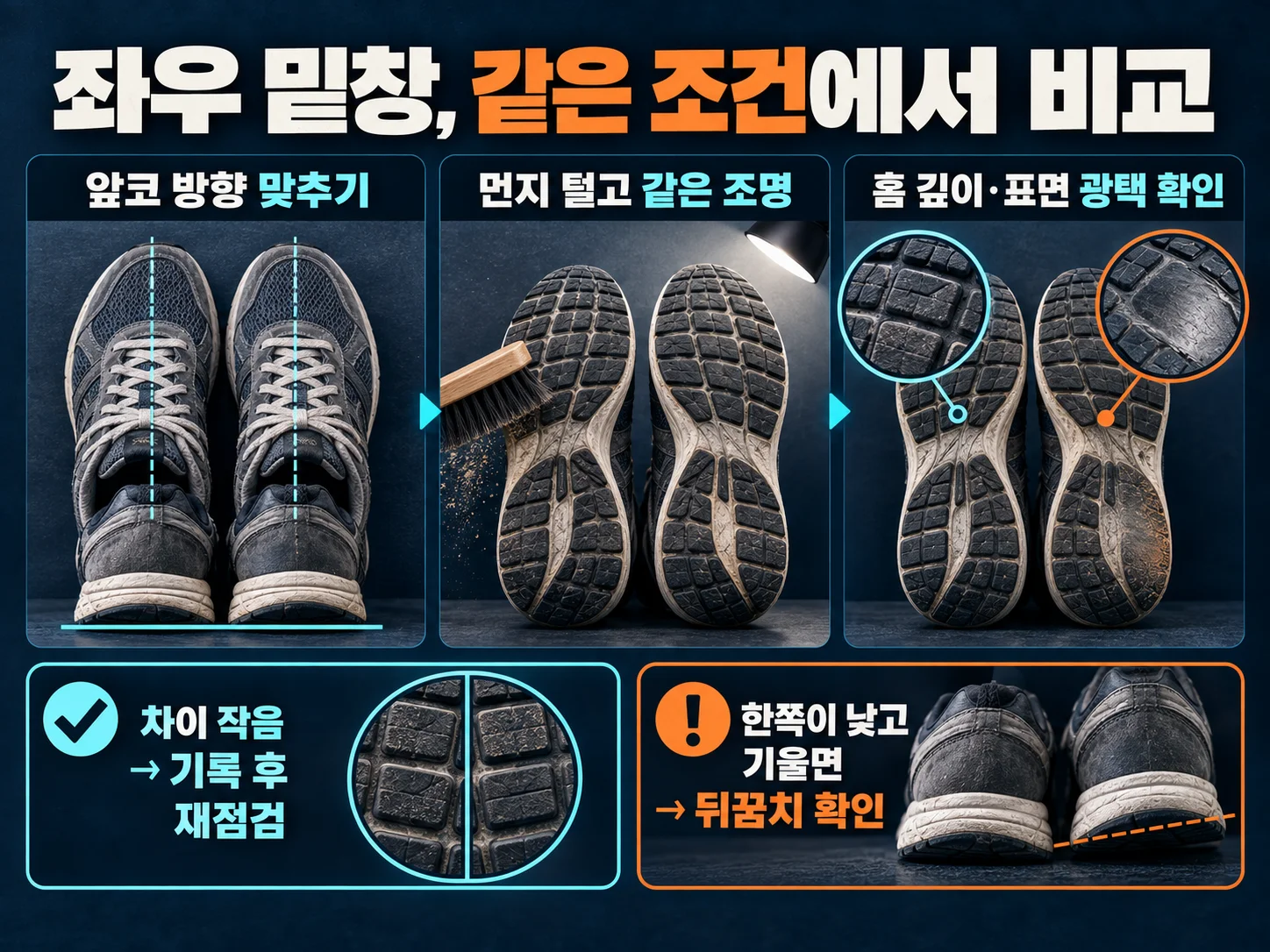 운동화 밑창 마모의 좌우 홈 깊이와 광택을 비교합니다.