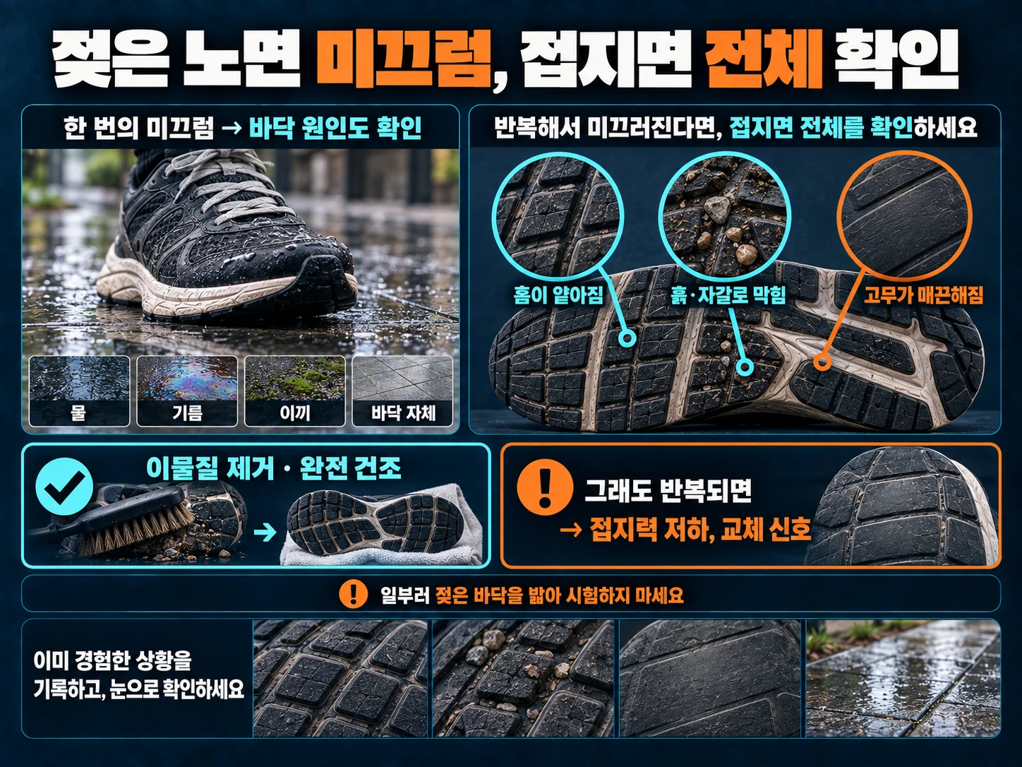 젖은 노면 미끄럼과 운동화 밑창 접지력 저하를 점검합니다.