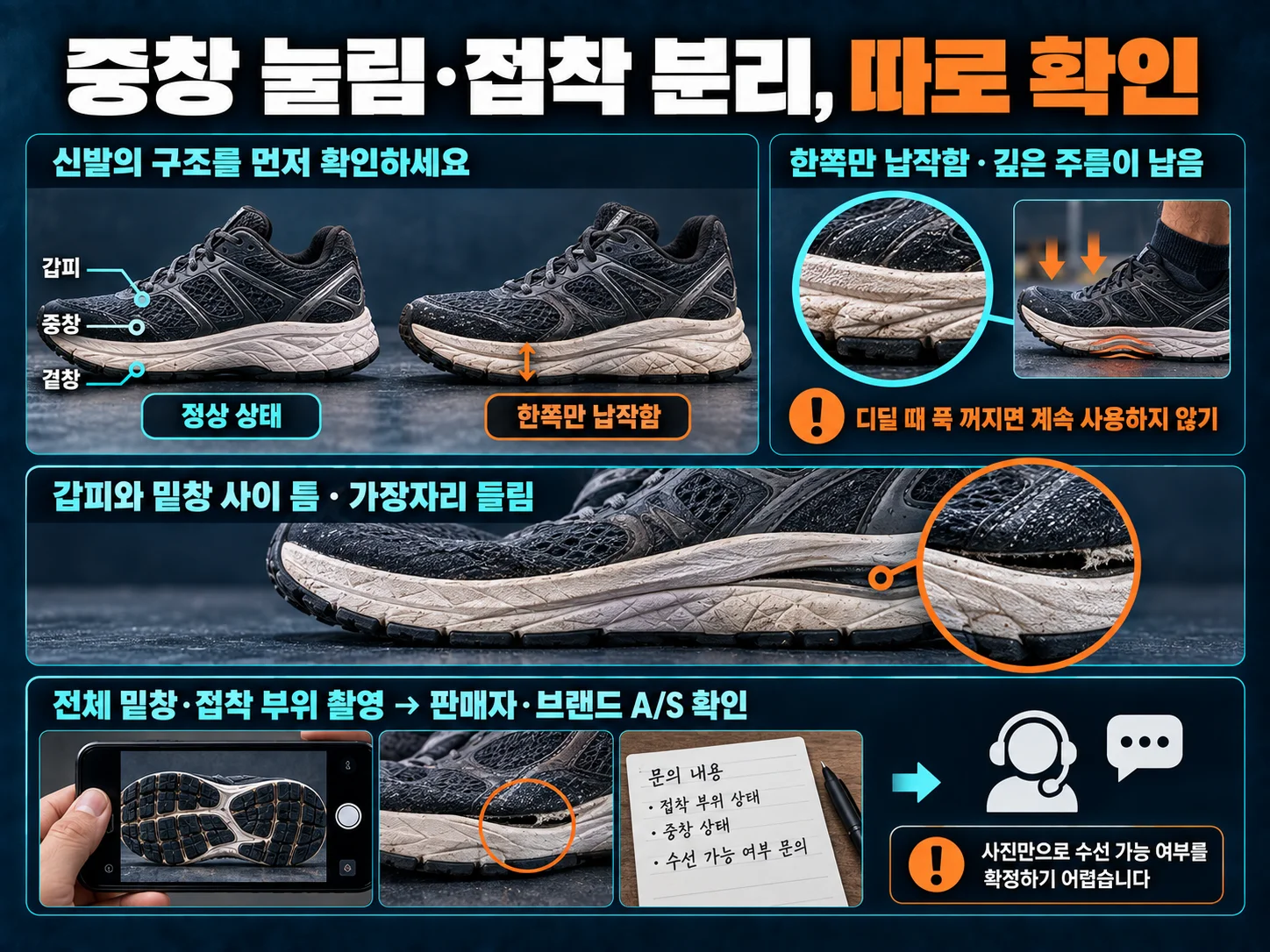 운동화 중창 눌림과 밑창 접착 분리 상태를 확인합니다.