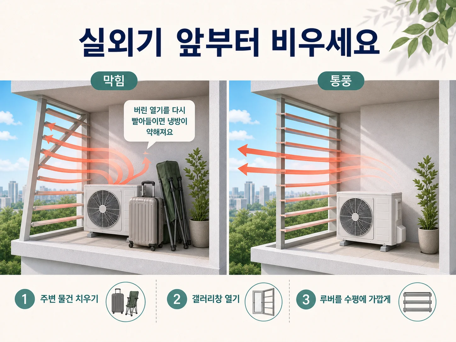 실외기실 앞 물건을 치우고 갤러리창 루버를 눕혀 냉방비를 낮추는 배치