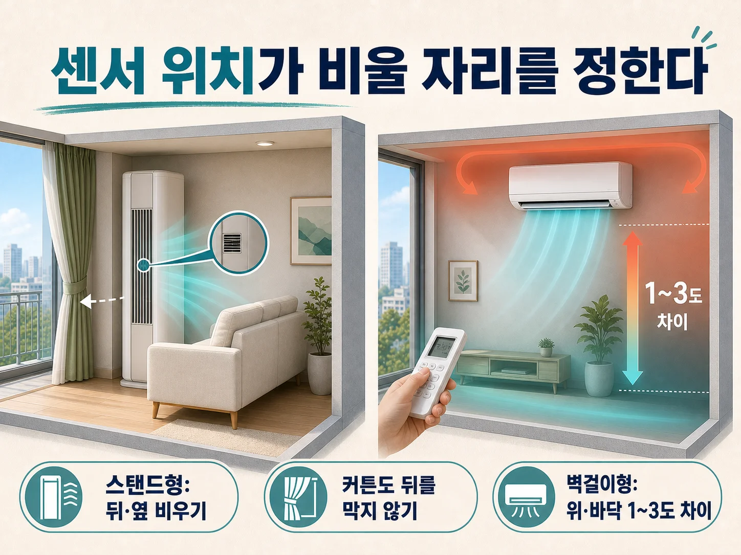 스탠드형과 벽걸이형 에어컨의 온도 센서 위치에 따른 가구 배치 차이