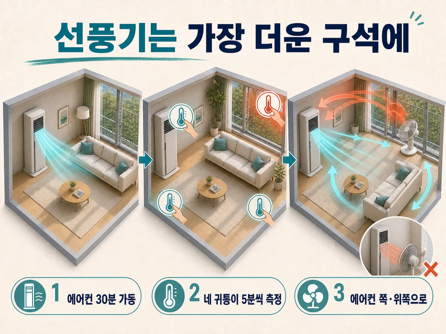 온도계로 찾은 가장 더운 구석에 선풍기를 배치하는 냉방비 절약 방법