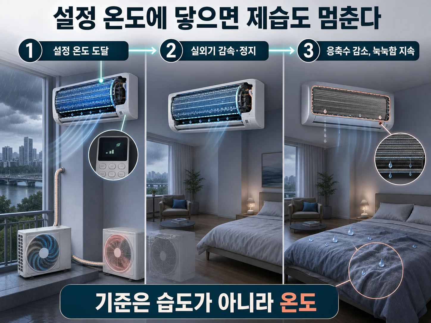 에어컨 제습 모드가 설정 온도에서 멈추는 원리