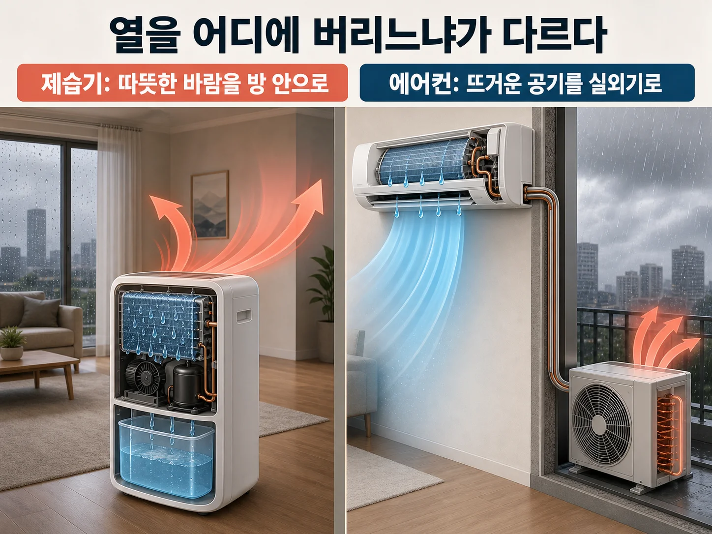에어컨 실외기와 제습기의 뜨거운 바람 배출 구조 차이