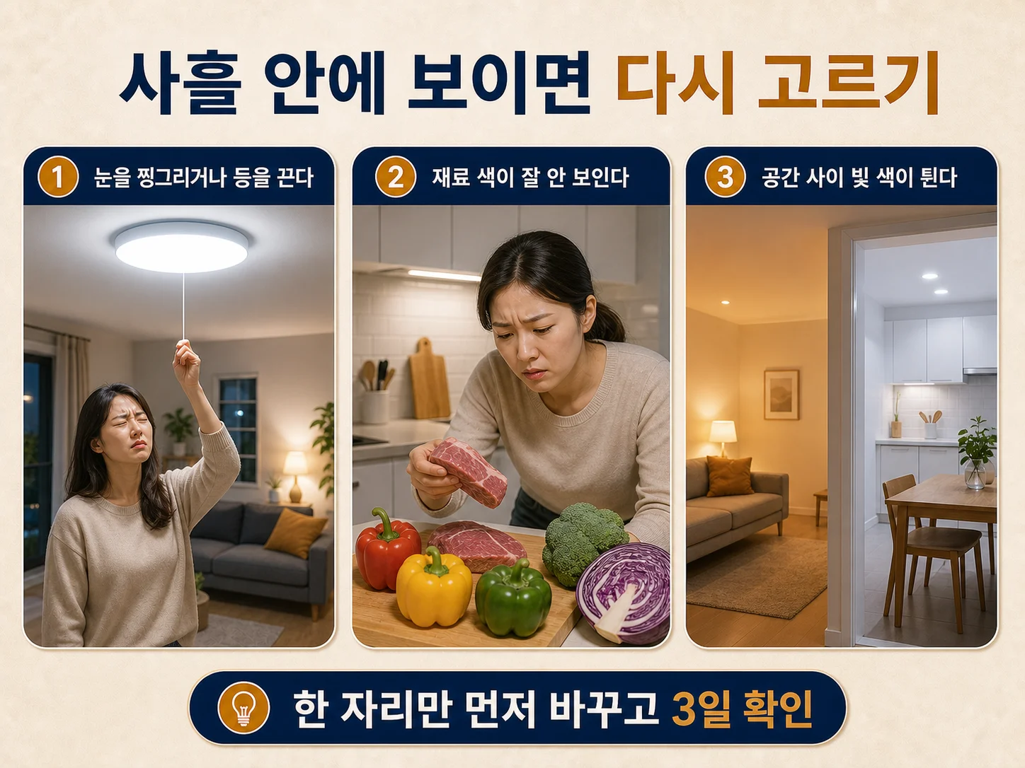 주방 조리대 색온도가 재료 색 구분에 적합한지 확인하는 장면