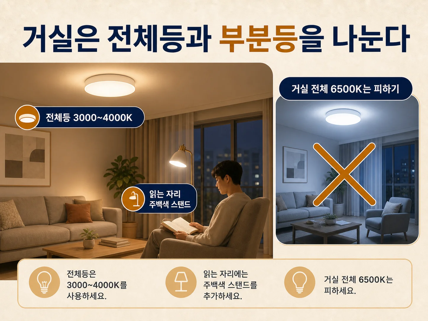 거실 전체등을 온백색 색온도로 밝힌 저녁 실내 풍경