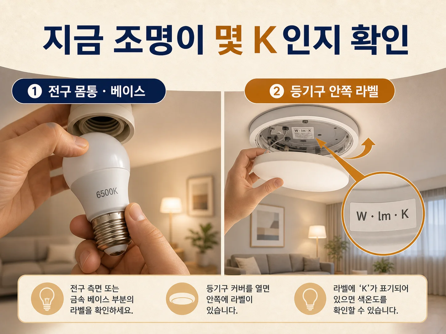 전구 베이스와 등기구 라벨에서 색온도 K값 확인하는 모습