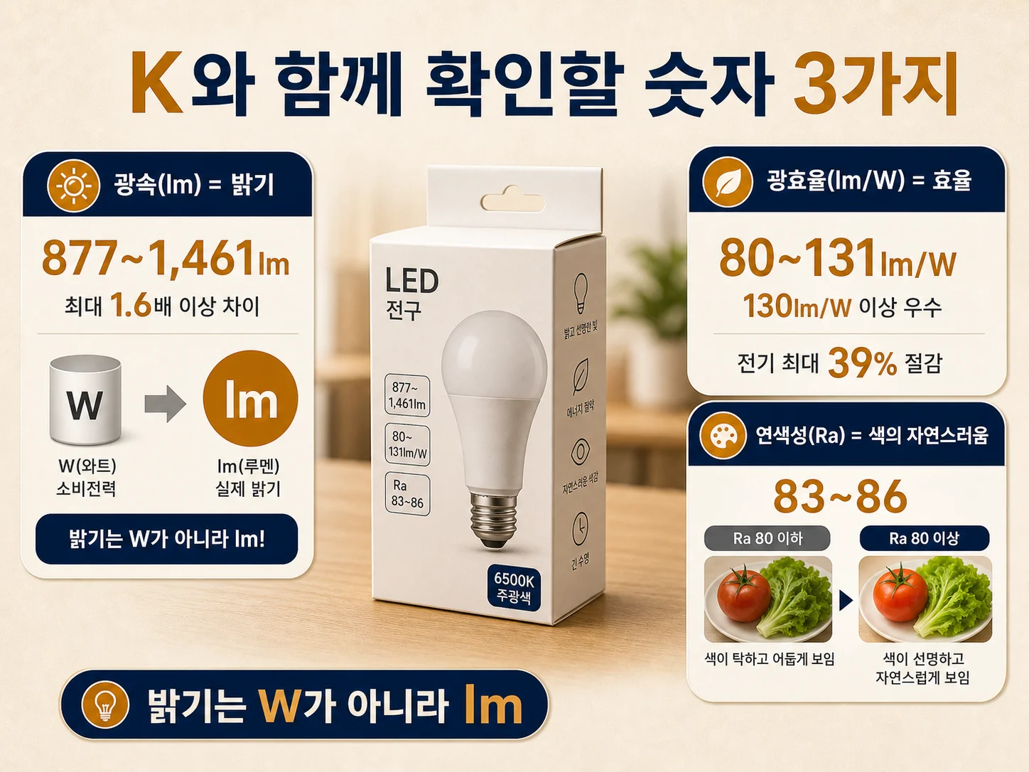 전구 광속과 연색성 수치를 비교하는 스펙 정보 이미지