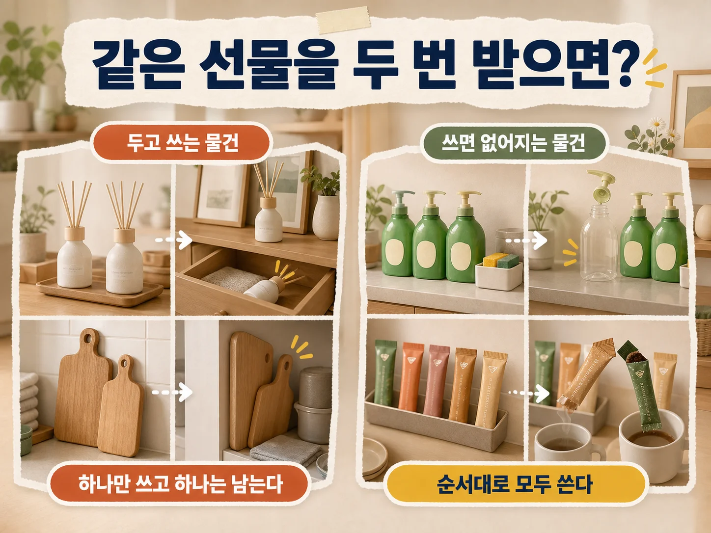 같은 집들이 선물이 겹쳐 하나는 서랍에 남는 모습