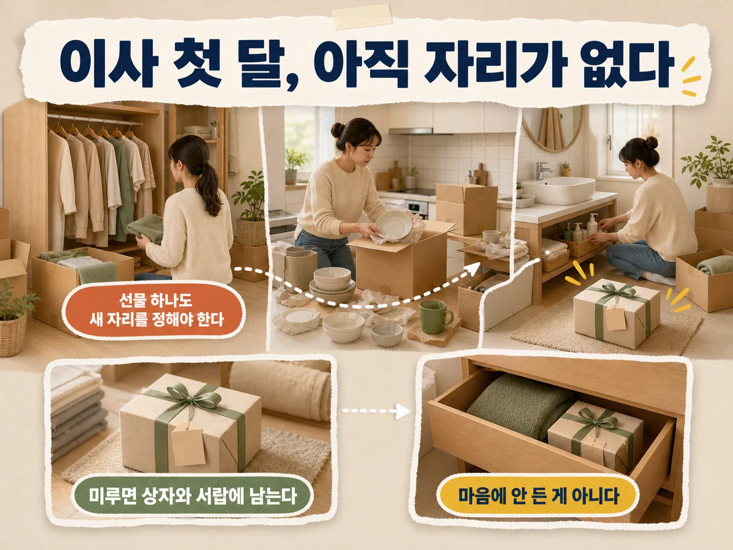 이사 첫 달 짐 상자가 아직 정리되지 않은 집들이 선물 배치 상황