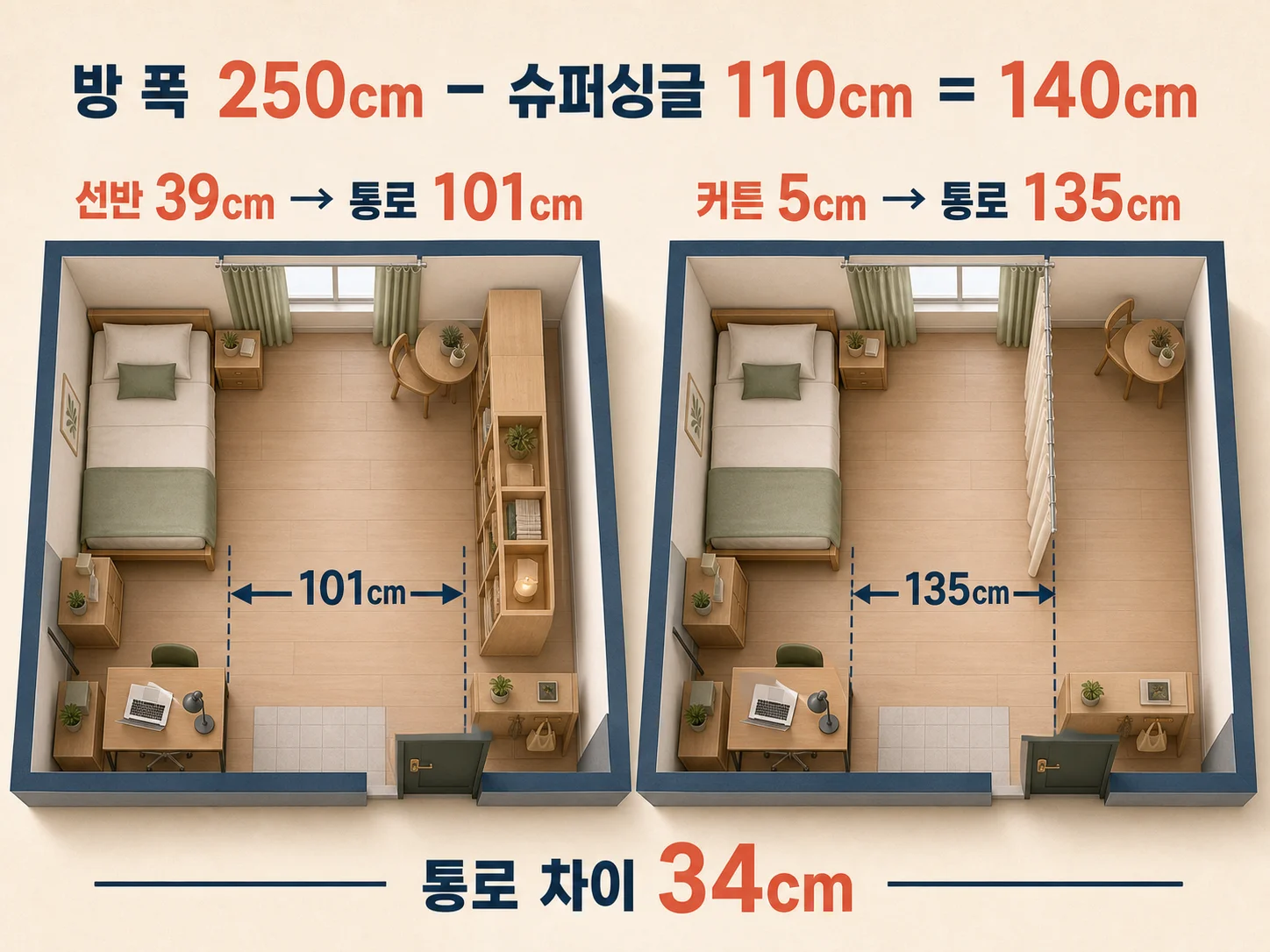 침대 옆 통로 폭 줄자로 측정하는 모습