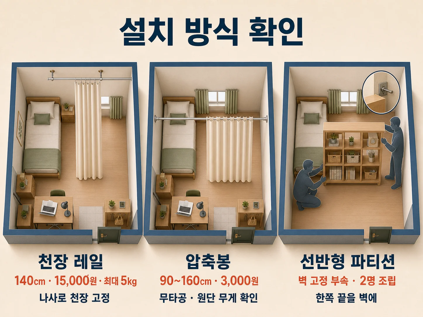 천장 커튼레일과 압축봉 파티션 고정 방식 비교
