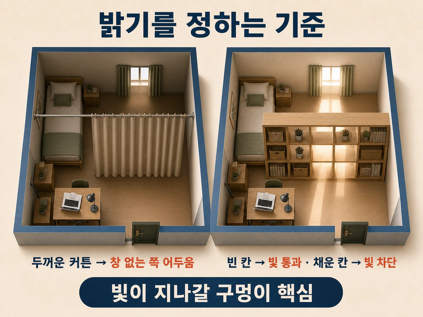 선반형 파티션 사이로 빛이 통과하는 모습