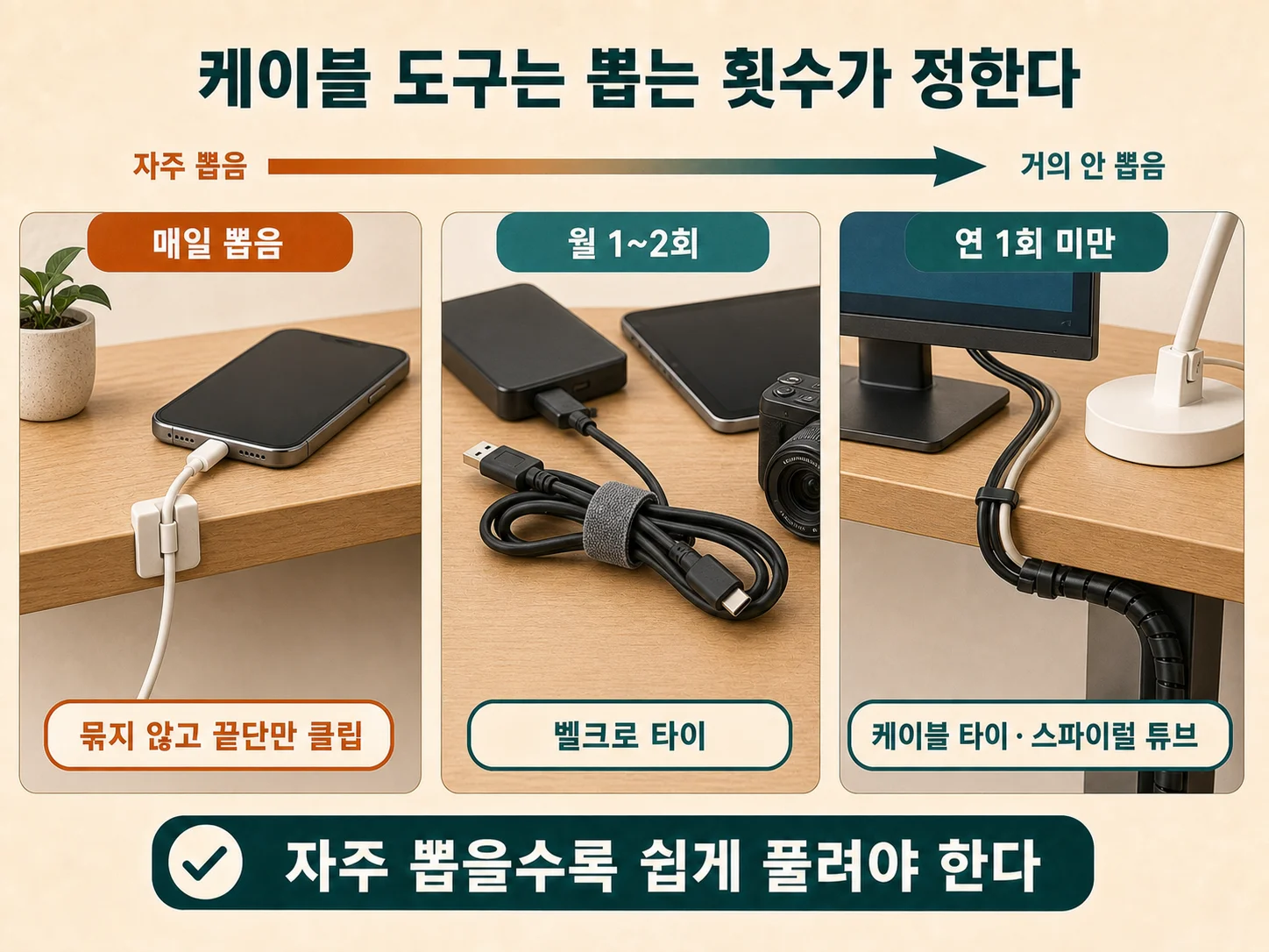 뽑는 빈도에 따라 벨크로 타이와 케이블 타이로 나눠 묶은 케이블