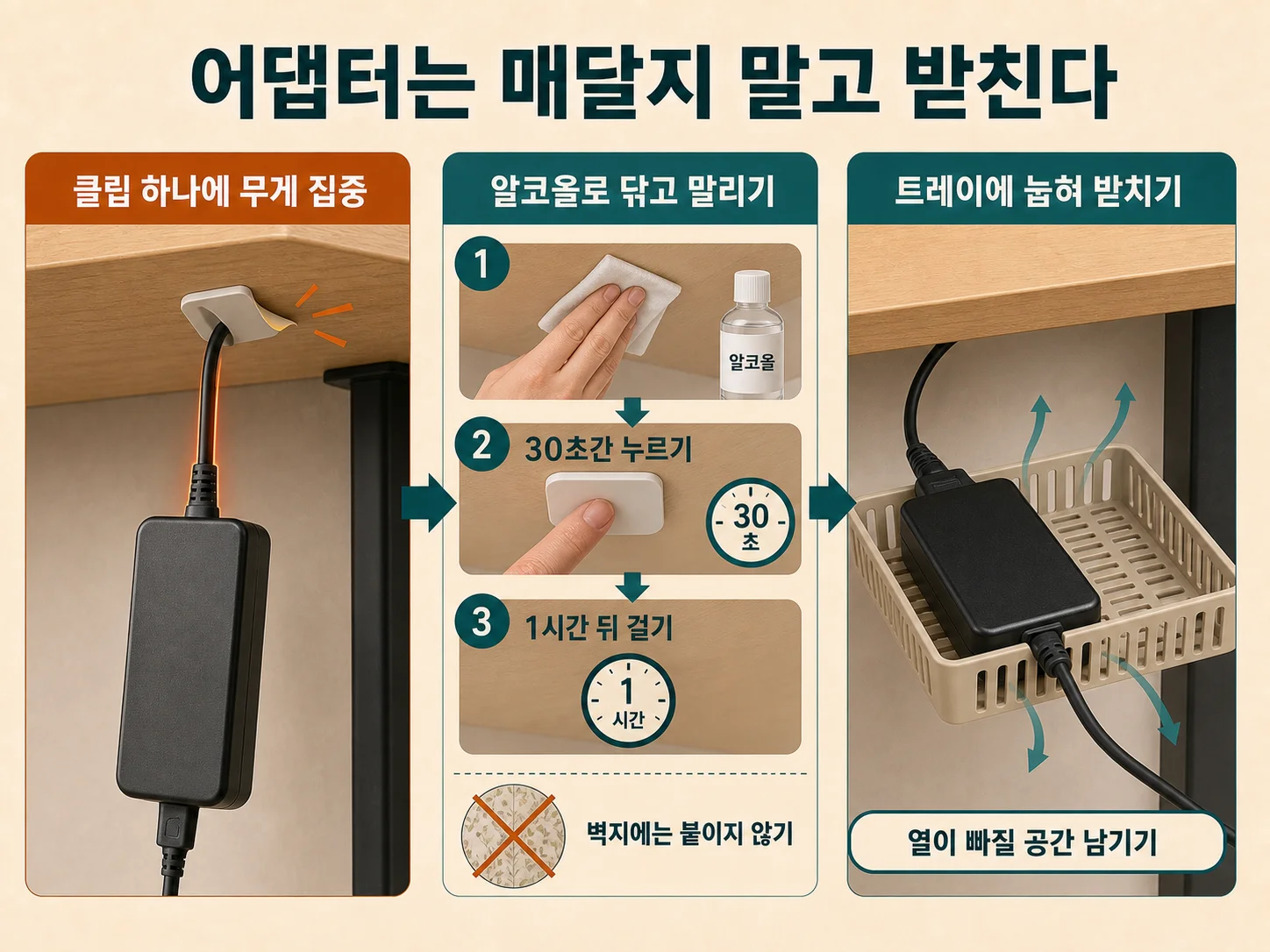 어댑터를 매달지 않고 트레이에 눕혀 받친 책상 밑 정리