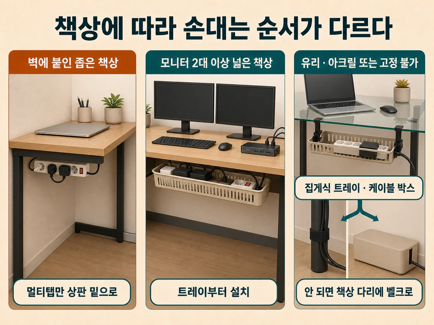책상 크기와 상판 재질별로 다르게 적용한 케이블 정리 방법