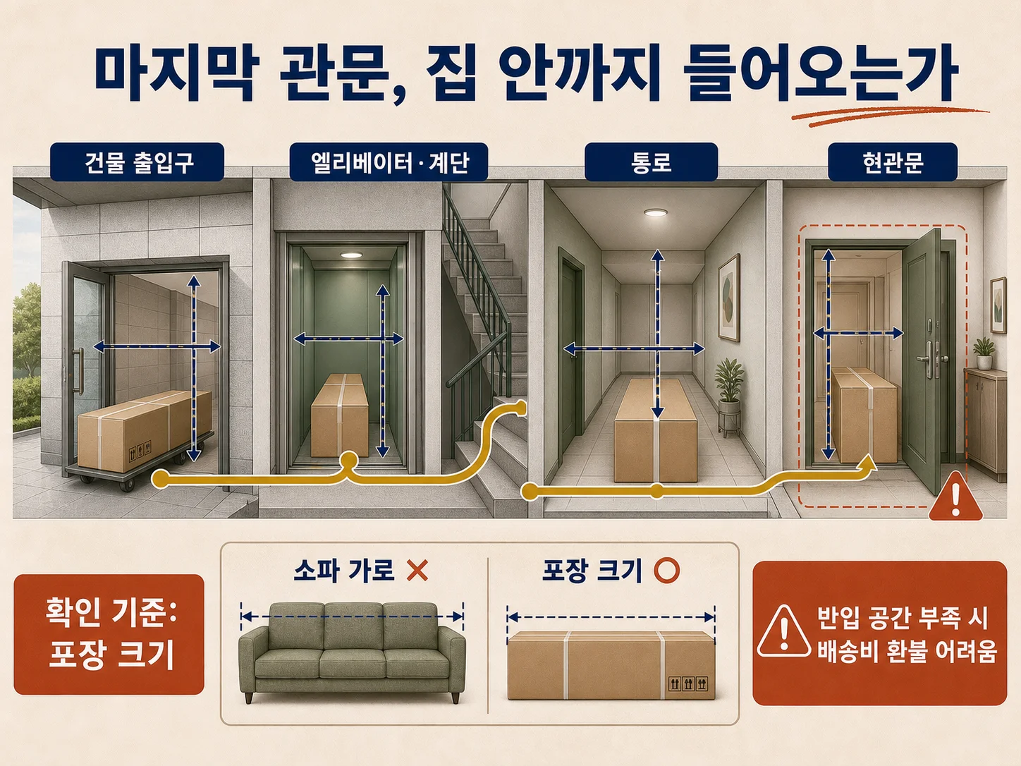 현관문과 엘리베이터 폭을 재는 소파 반입 경로 확인 이미지