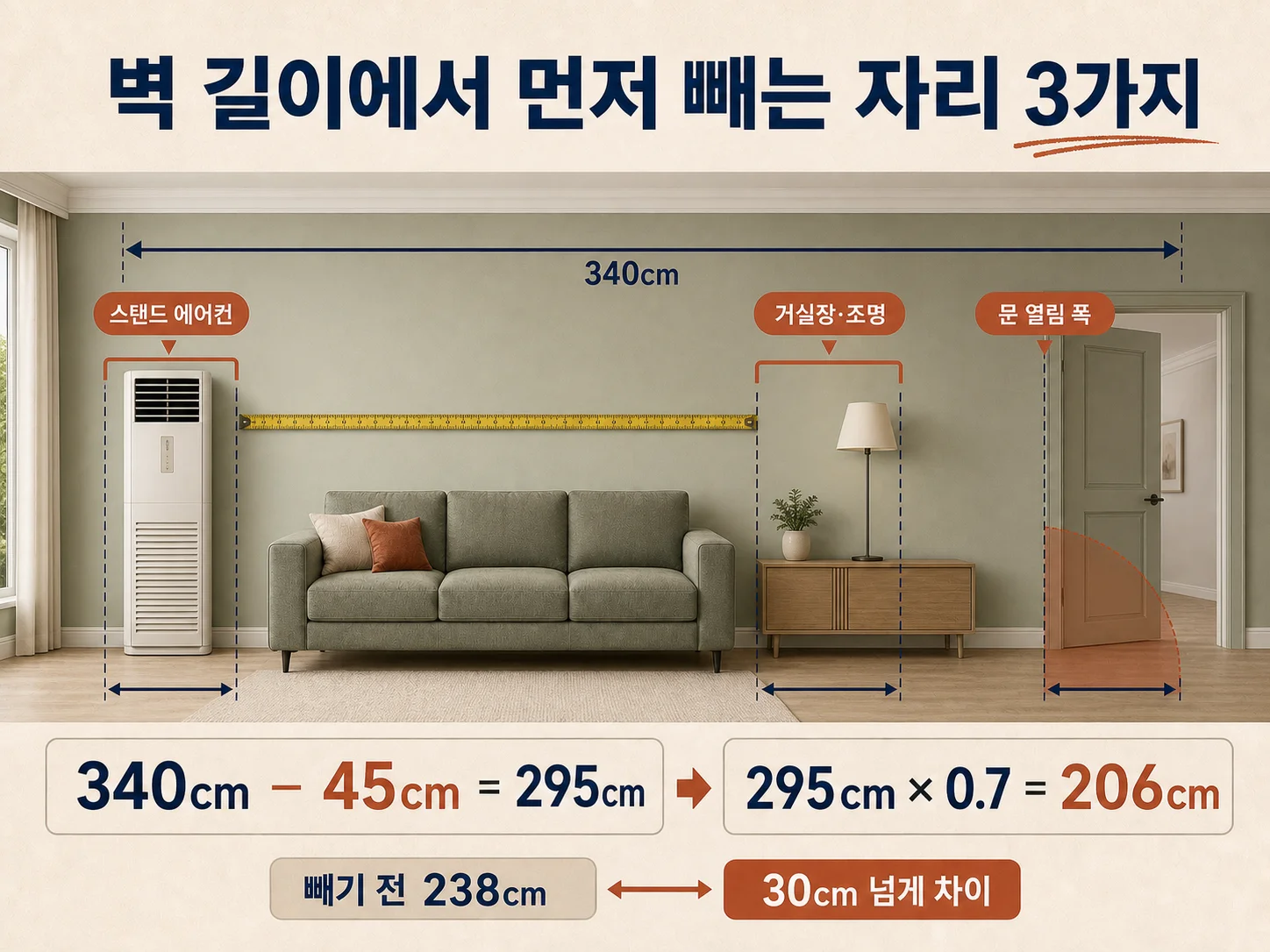 에어컨과 거실장 자리를 뺀 뒤 남는 소파 벽 길이를 계산하는 이미지