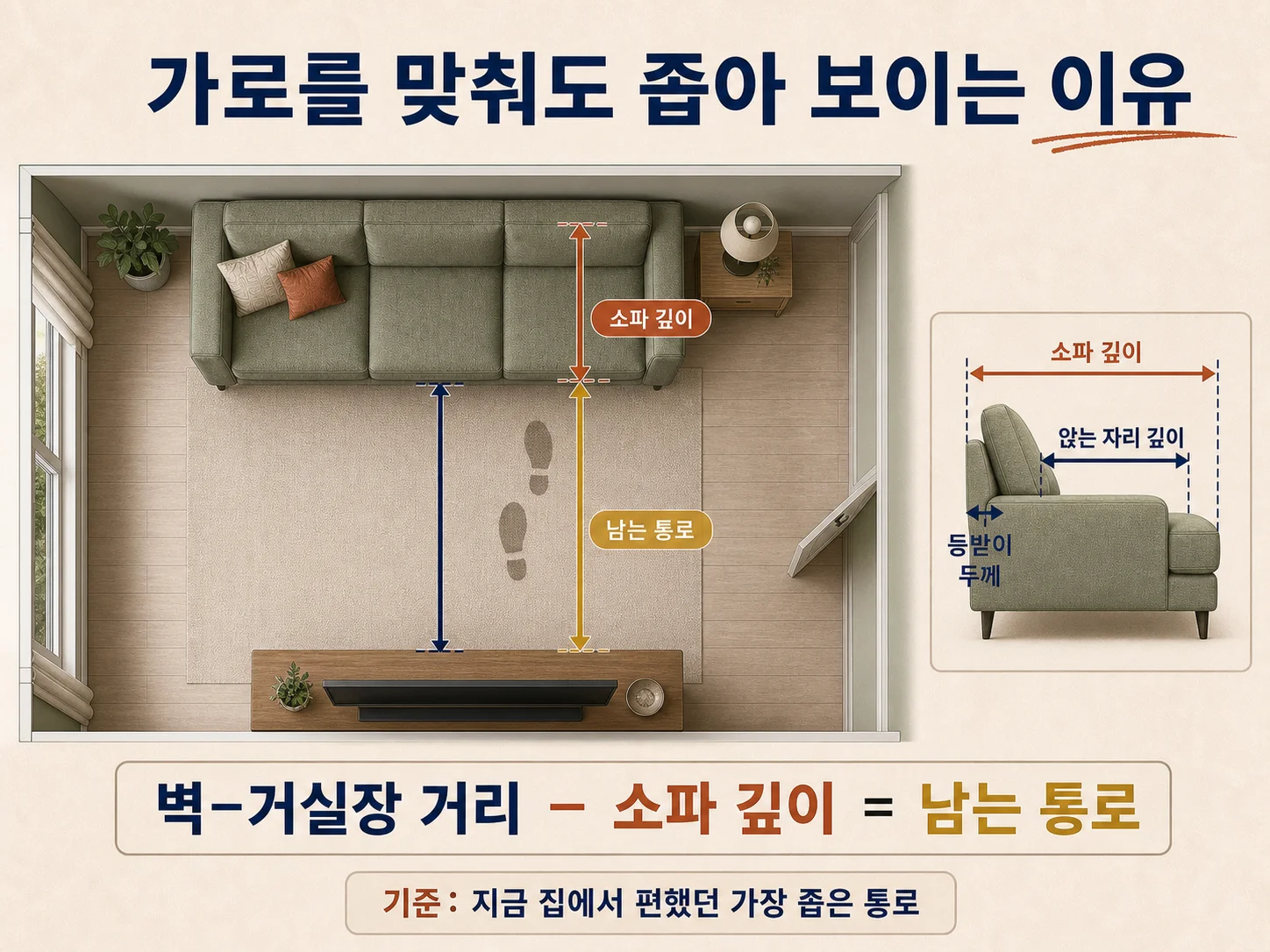 소파 깊이를 뺀 뒤 남는 거실 통로 폭을 확인하는 이미지