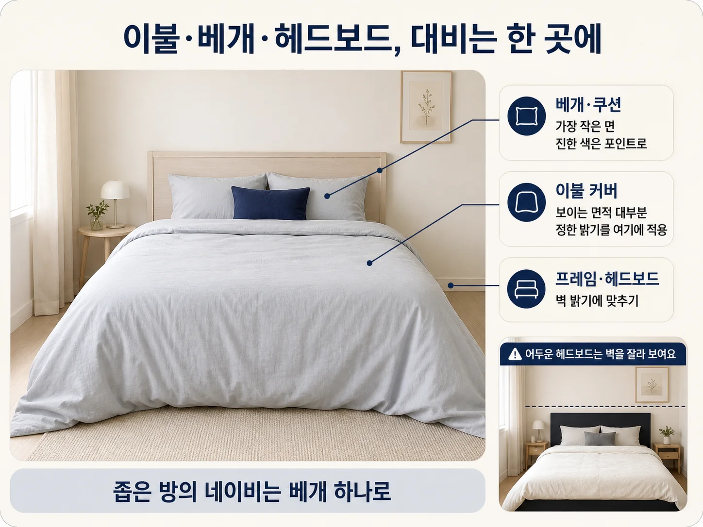 이불 커버, 베개, 침대 프레임의 명도 대비 배치를 보여주는 이미지
