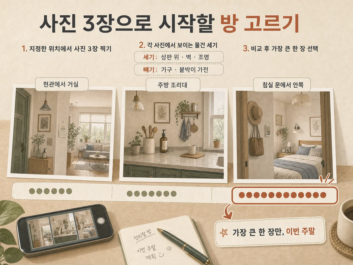 방 사진을 찍어 물건 개수를 비교하는 미니멀 인테리어 진단법