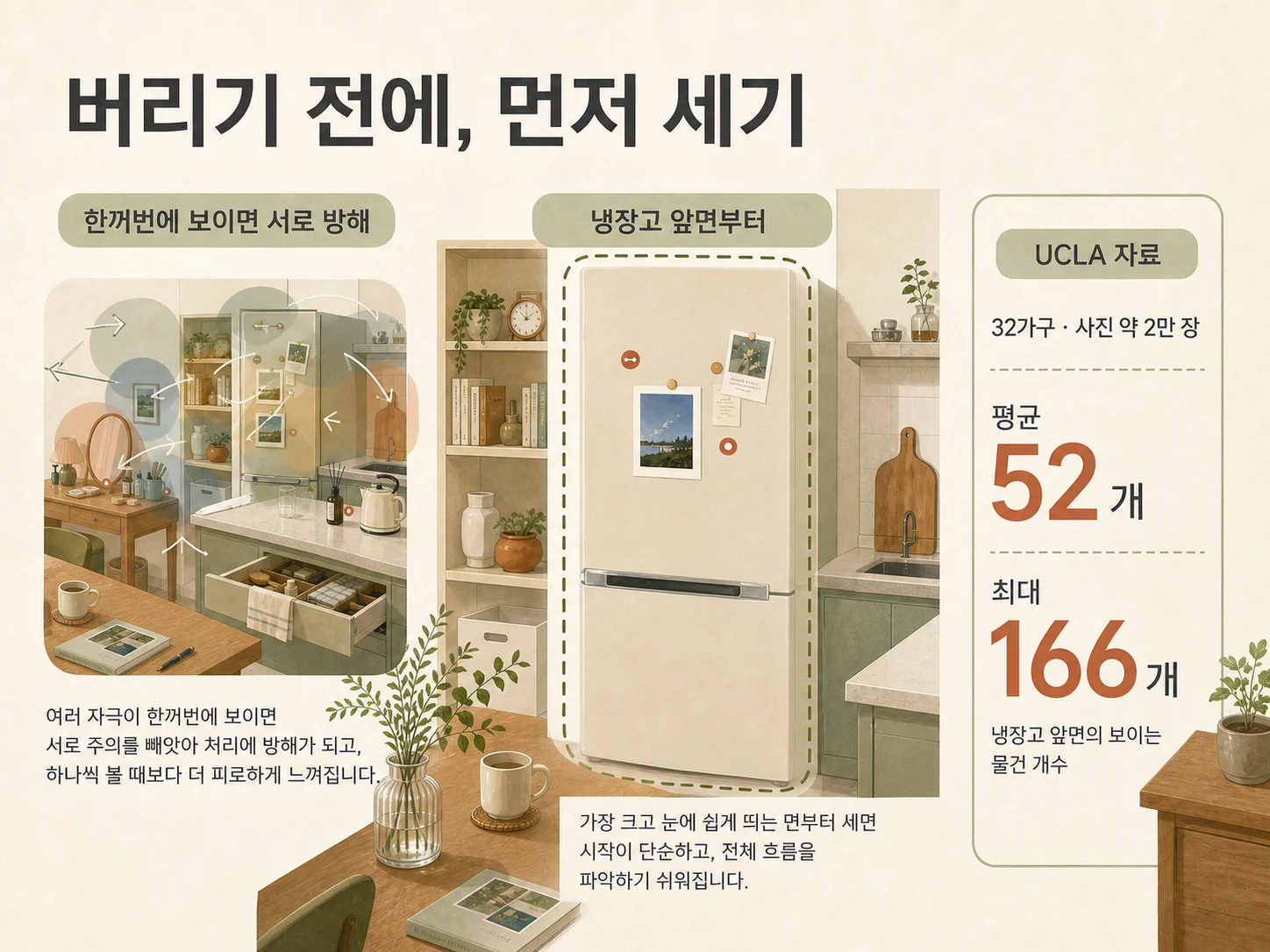 냉장고 앞면에 붙은 자석과 메모로 미니멀 인테리어 상판 개수를 세는 모습