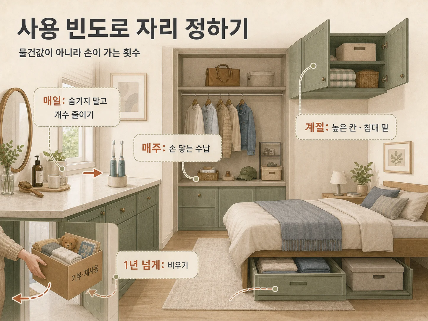 사용 빈도에 따라 네 칸으로 나눈 미니멀 인테리어 정리 기준