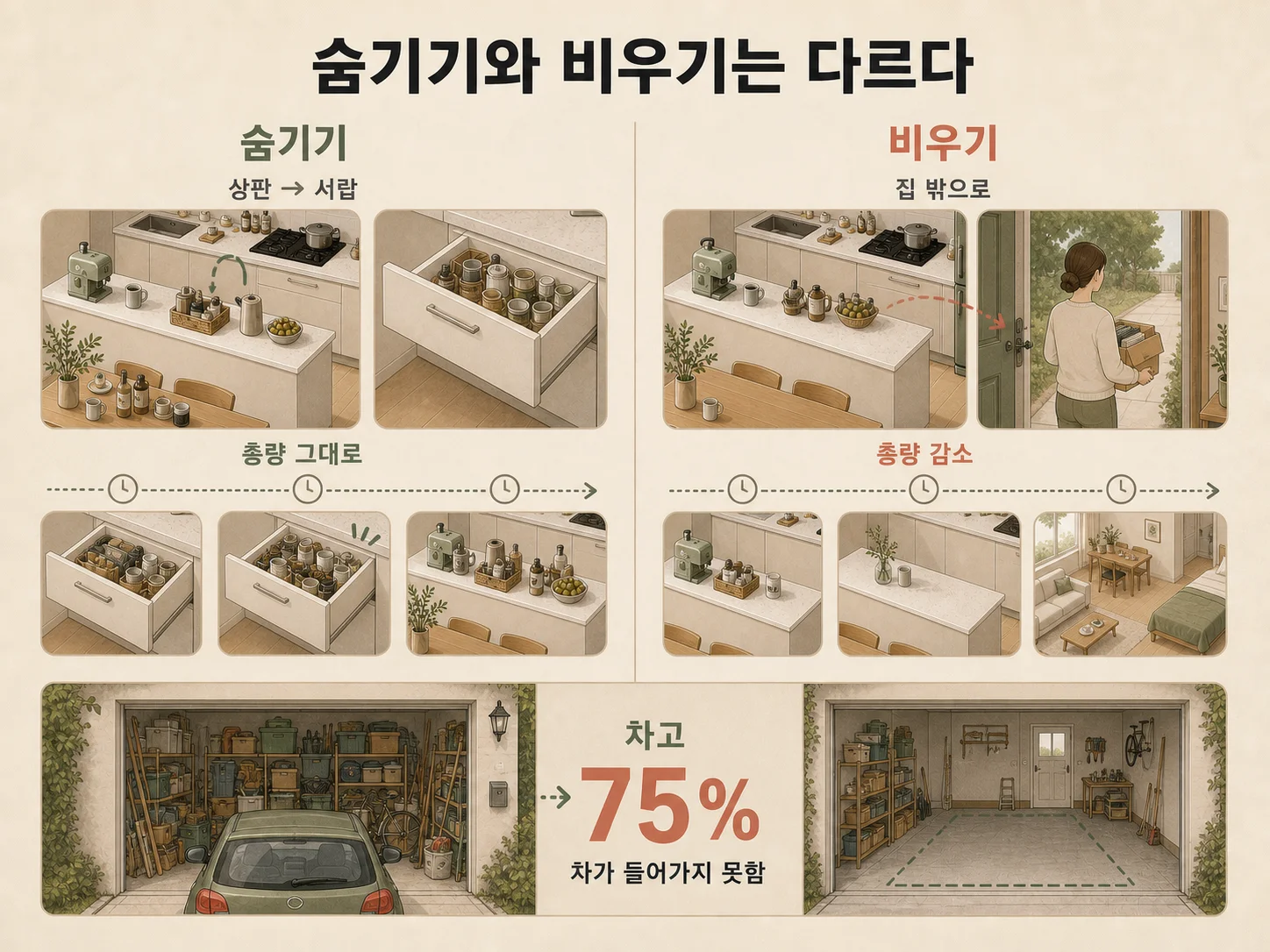 수납장 속에 숨긴 물건이 다시 쌓이는 미니멀 인테리어 실패 사례