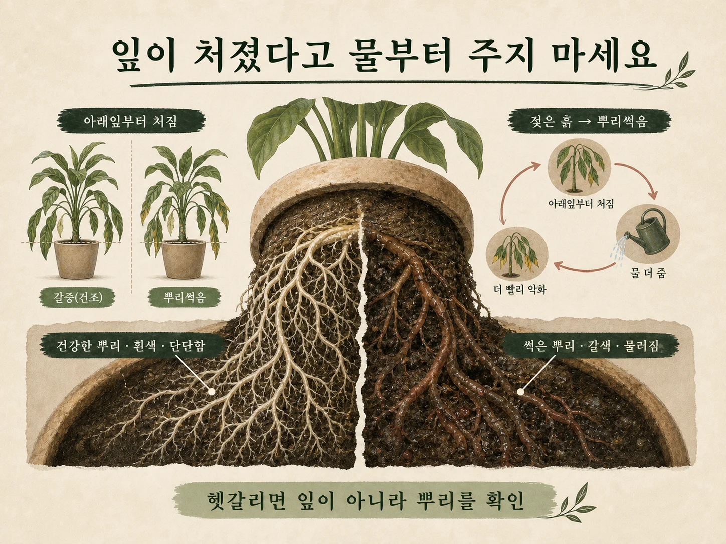 뿌리썩음과 목마름 증상을 구분하기 위해 뿌리를 확인하는 이미지