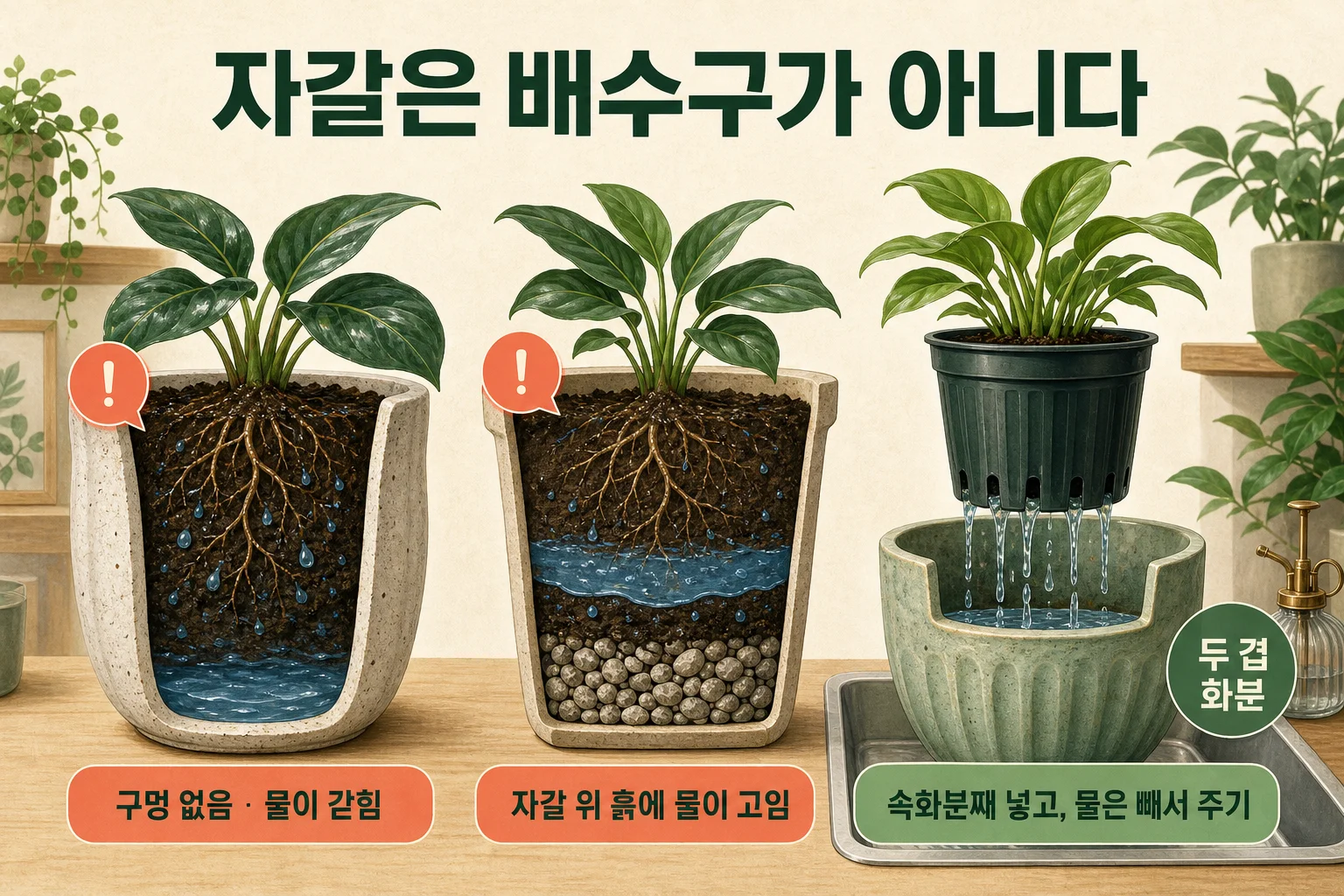 배수구 없는 장식 화분에 이중 화분을 넣는 방법을 보여주는 이미지