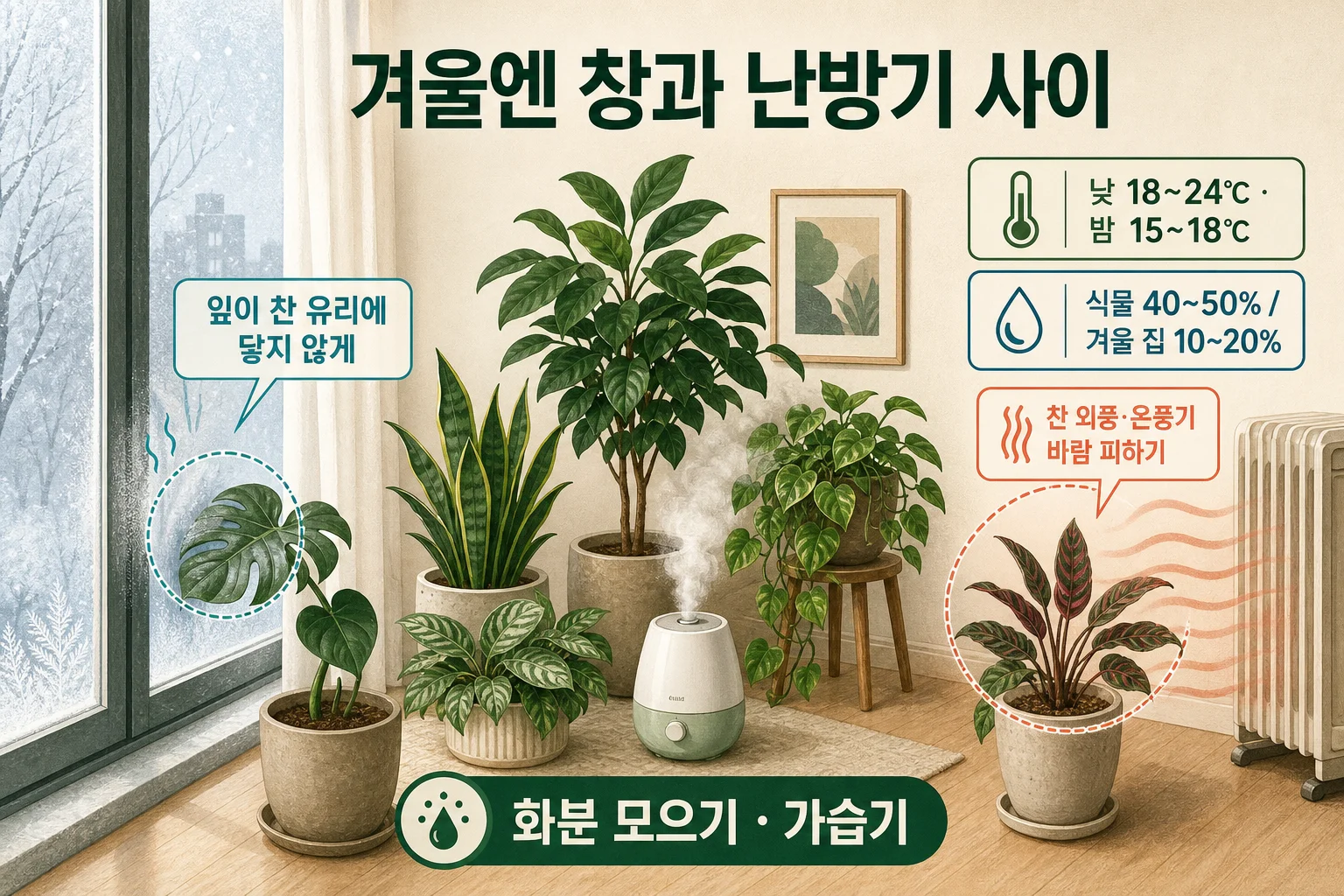 겨울철 창가에서 온도와 습도를 관리하는 실내식물 이미지
