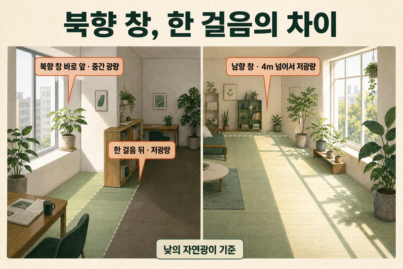 북향 창과 남향 창의 거리별 광량 차이를 나타낸 이미지