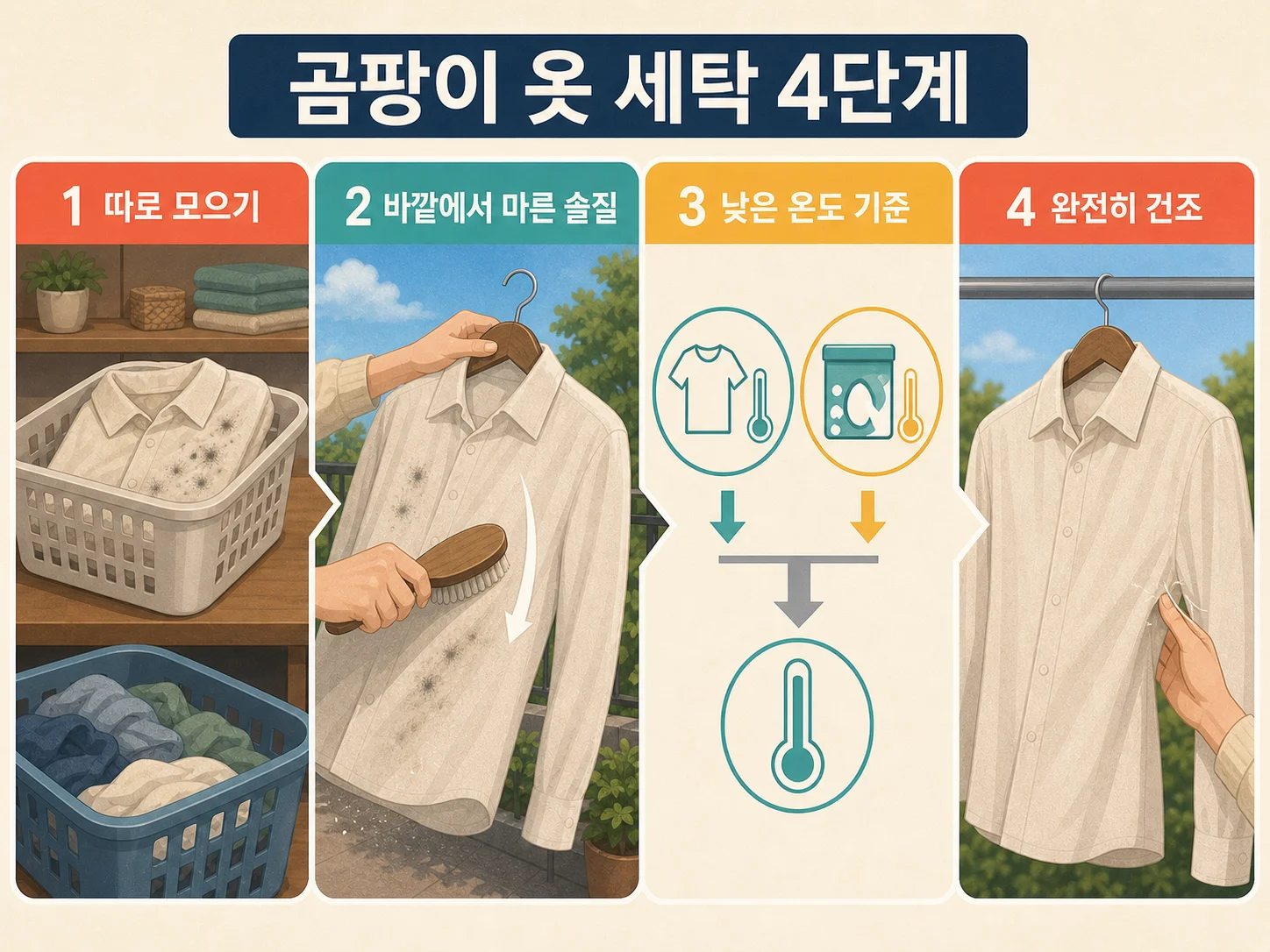 취급표시와 산소계 표백제 물 온도를 비교하며 곰팡이 옷을 세탁하는 과정, 곰팡이 옷 세탁 방법