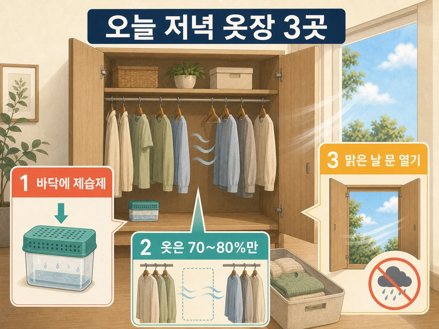 옷장 바닥 제습제와 옷 사이 간격, 문 환기로 곰팡이를 예방하는 관리 모습, 옷장 곰팡이 예방