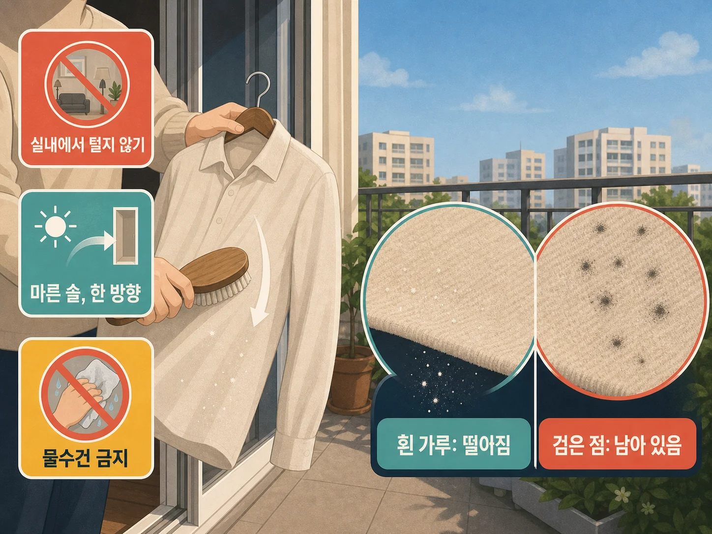 옷을 야외에서 털어 흰 가루와 검은 곰팡이 얼룩을 구분하는 모습, 옷 곰팡이 판별법