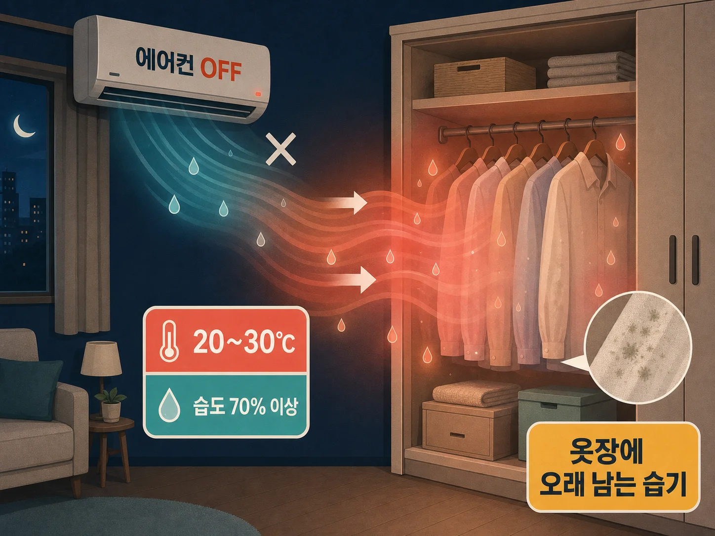 에어컨을 끈 뒤 옷장 안에 습기가 차오르는 모습을 보여주는 이미지, 옷장 습기 곰팡이 원인