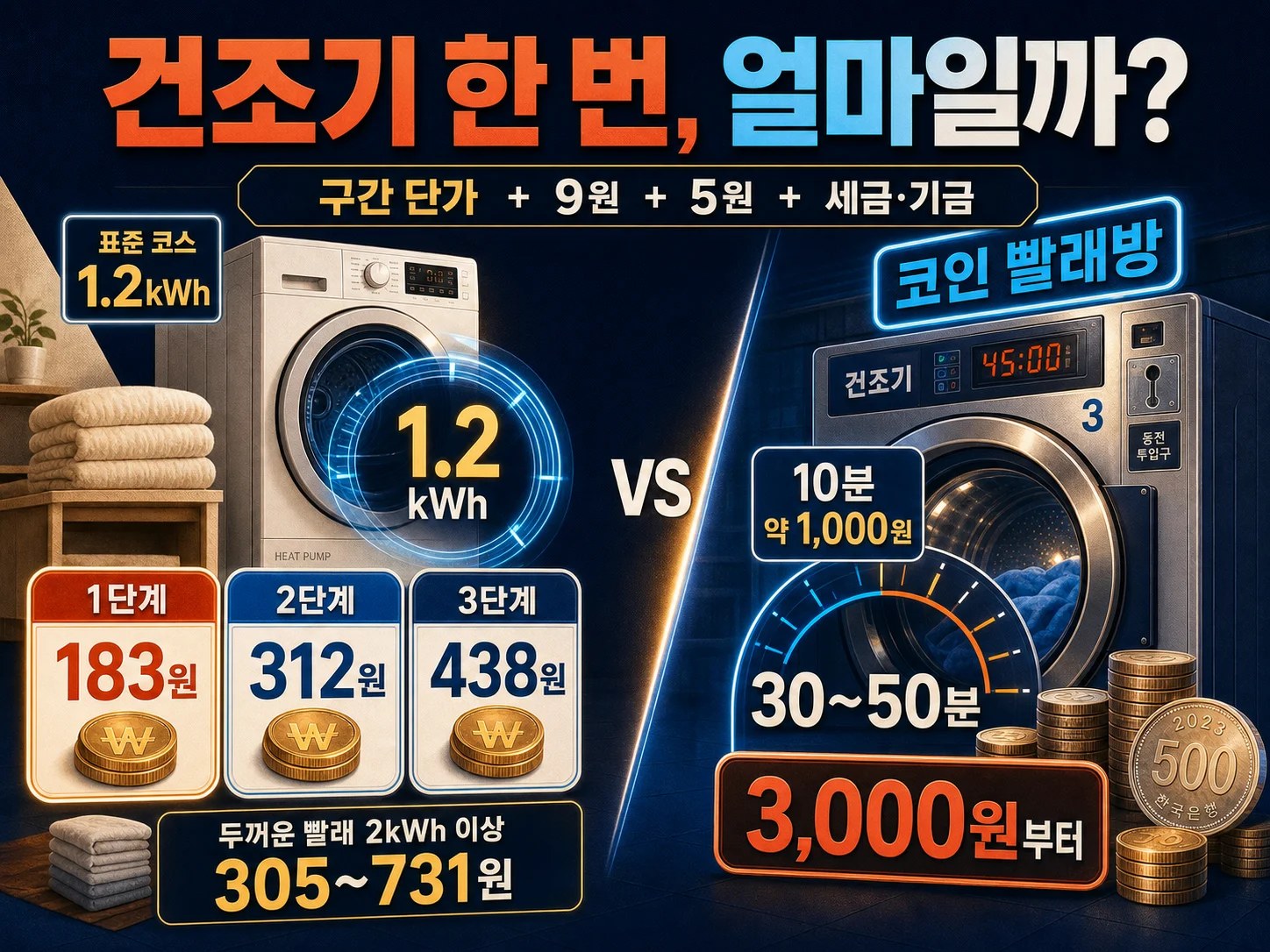 가정용 건조기 1회 작동 시 누진 구간별 전기요금 차이를 비교하는 이미지