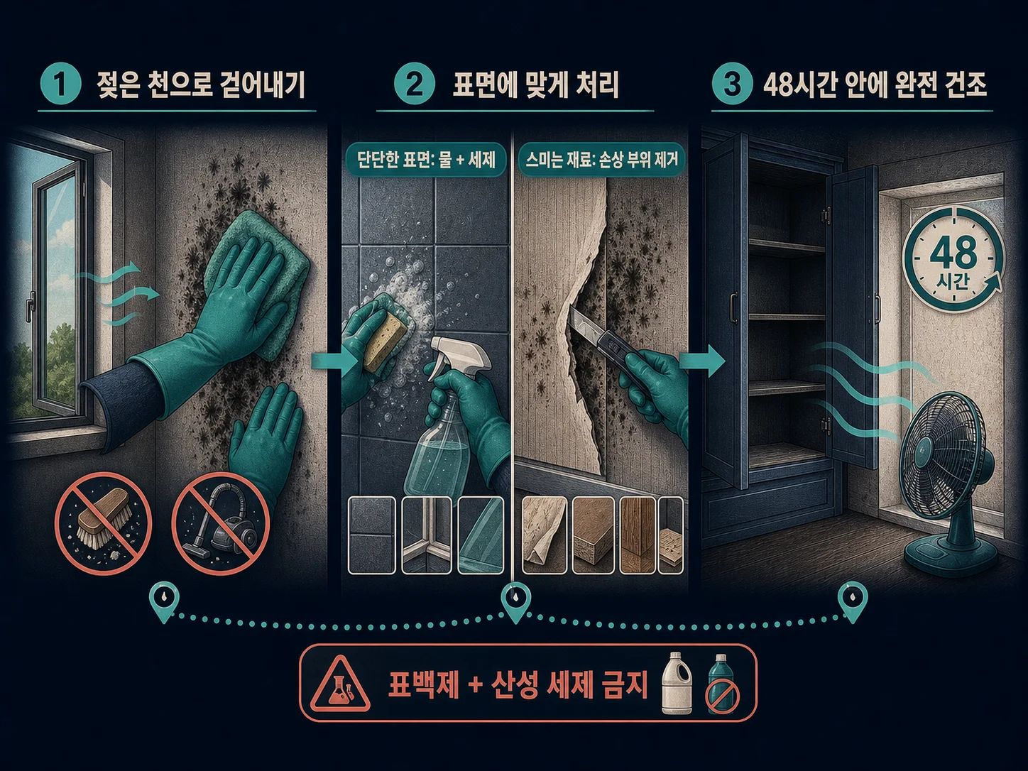 젖은 천으로 곰팡이 자국을 닦아내고 완전히 건조하는 청소 순서