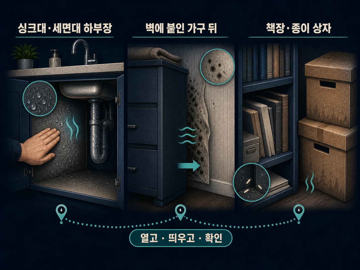 싱크대 배관과 벽에 붙은 가구 뒤 틈새에 남은 습기와 곰팡이 발생 지점